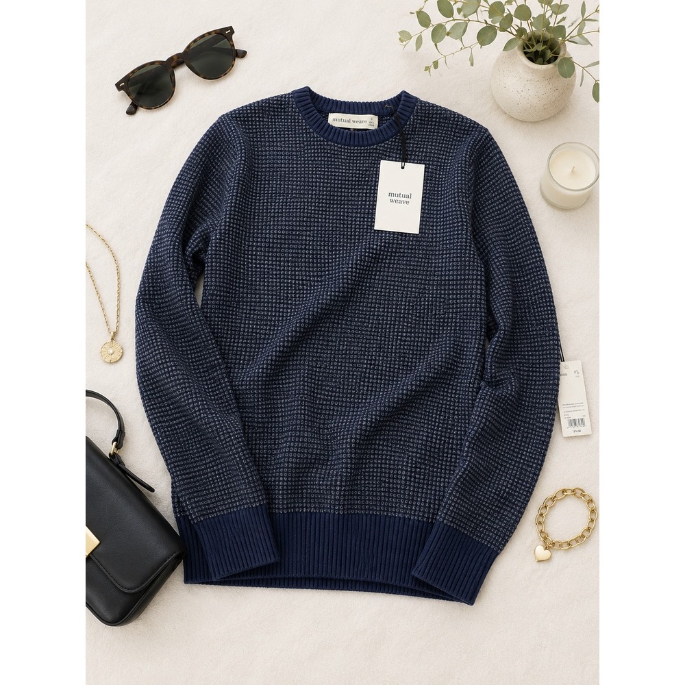 Mutual Weave Mens Big & Tall Waffle Knit Crewneck Sweater Navy Gray LT 362912